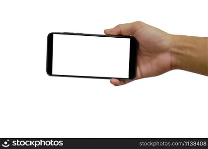 Hand holding martphone black with blank screen on the white background.Clipping path