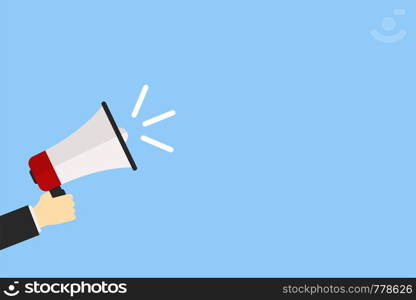 Hand holding megaphone announce media social speech speaker. Flat design EPS 10