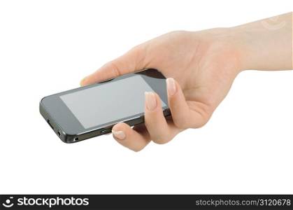 Hand holding mobile isolated on white