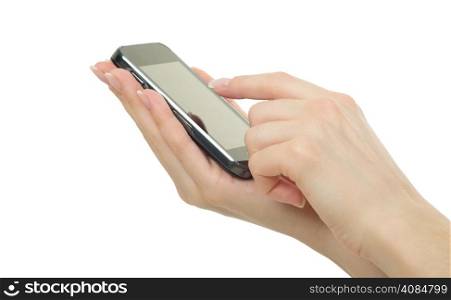 Hand holding mobile phone with blank screen