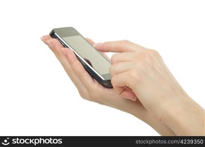 Hand holding mobile phone with blank screen