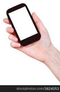 hand holding mobile phone with cut out screen isolated on white background
