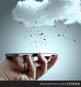 Hand holding mobile phone with social media diagram network- Concept of communication in the network in cloud
