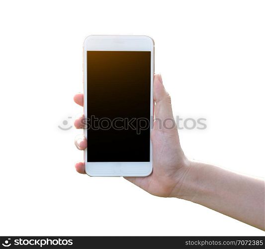 Hand holding mobile smart phone on white background