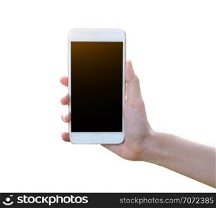 Hand holding mobile smart phone on white background