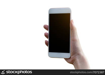 Hand holding mobile smart phone on white background