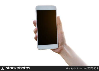 Hand holding mobile smart phone on white background