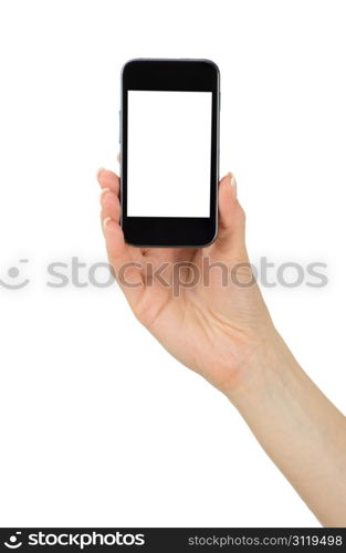 Hand holding mobile smart phone with blank screen