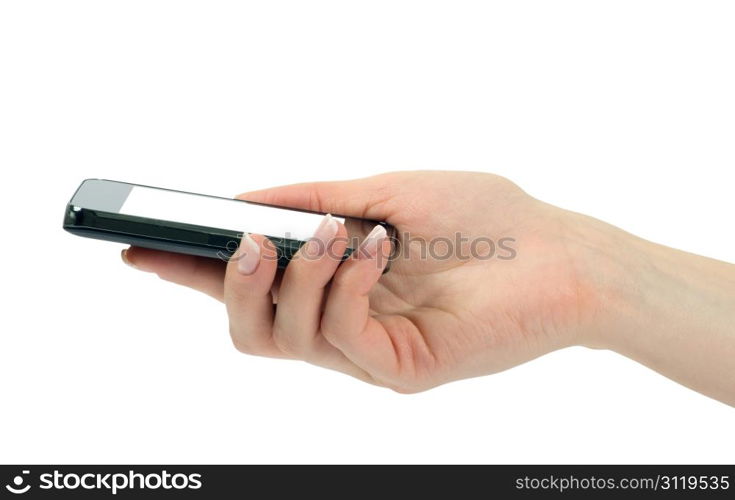 Hand holding mobile smart phone with blank screen