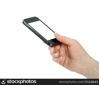 Hand holding mobile smart phone with blank screen