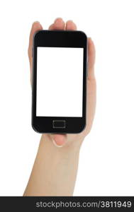 Hand holding mobile smart phone with blank screen