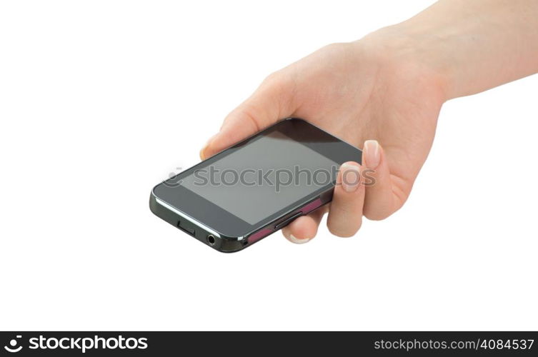 Hand holding mobile smart phone with blank screen