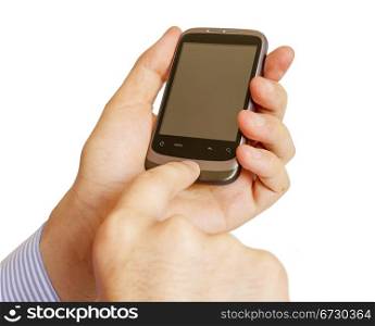 Hand holding mobile smart phone with blank screen Isolated on white