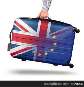 Hand holding modern suitcase Union Jack design. leaving EU isolated on white Brexit concept
