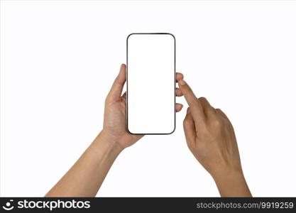 Hand holding modern vertical smartphone mobile phone with empty display screen, isolated on white background