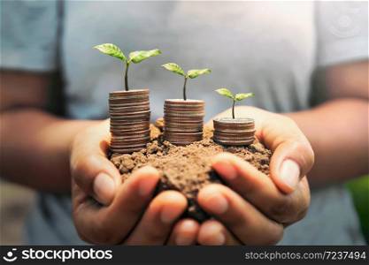 hand holding money with plant growing on soil. concept finance and accounting