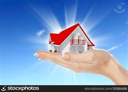 Hand holding / offer house. Real estate concept. Handful collection.