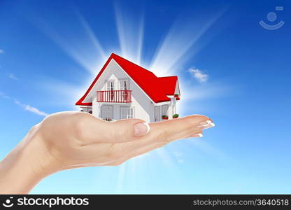 Hand holding / offer house. Real estate concept. Handful collection.