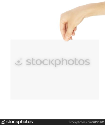 Hand holding paper isolated on white