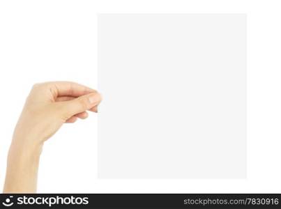 Hand holding paper isolated on white