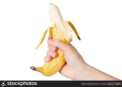 hand holding peeled banana, isolated on white background