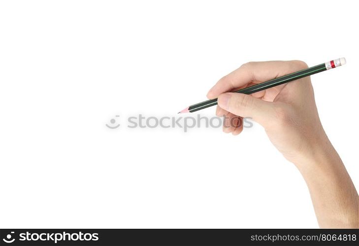 hand holding pencil isolated on white background