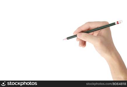 hand holding pencil isolated on white background