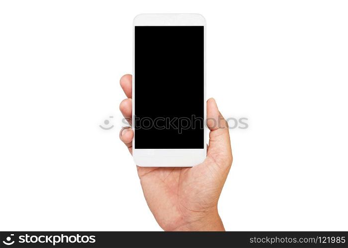 hand holding phone isolated on white background