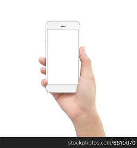 hand holding phone isolated on white clipping path inside