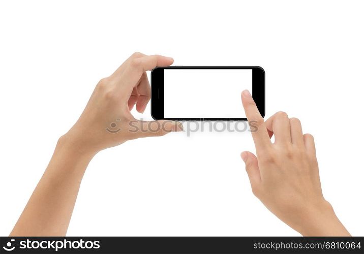 hand holding phone mobile and touching screen isolated on white background, mock-up smartphone matte black color