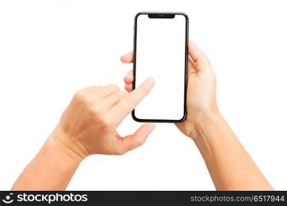 Hand holding phone. Two hands holding and touching new smatphone mobile phone isolated on white background