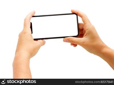 Hand holding phone. Two hands holding new smatphone mobile phone isolated on white background