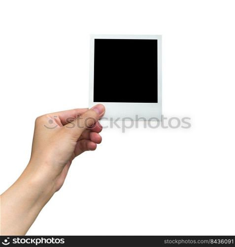 hand holding photo frame on isolated white with clipping path.