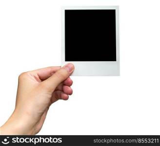 hand holding photo frame on isolated white with clipping path.