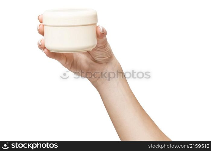 hand holding plastic can of cream Isolated on a white background with clipping path. hand holding plastic can of cream Isolated on a white background