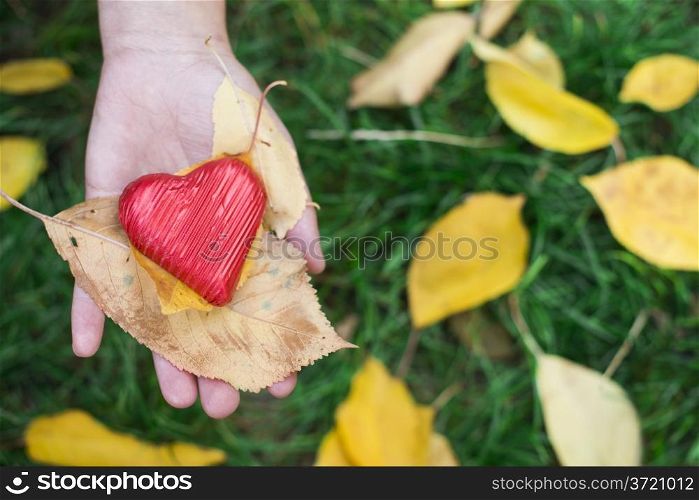 Hand holding Red wrapped heart and autumn leafs