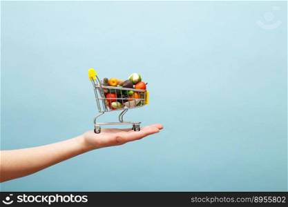 hand holding shopping cart with fruits and vegetables on blue background. Food delivery internet shopping concept. hand holding shopping cart with fruits and vegetables on blue background. Food delivery concept