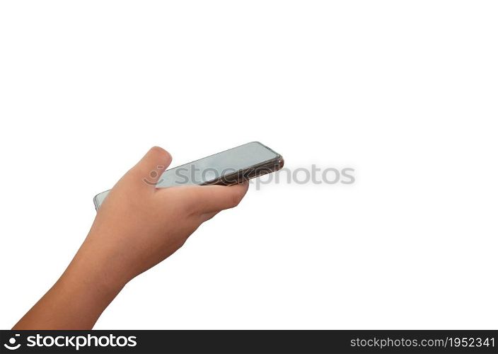 hand holding smart phone isolated on white background.