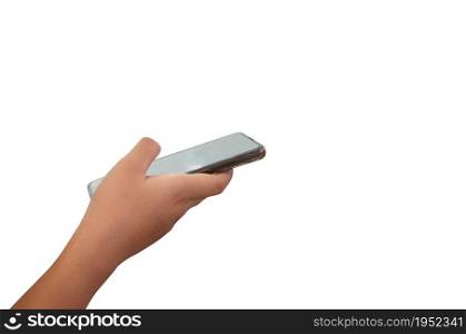 hand holding smart phone isolated on white background.