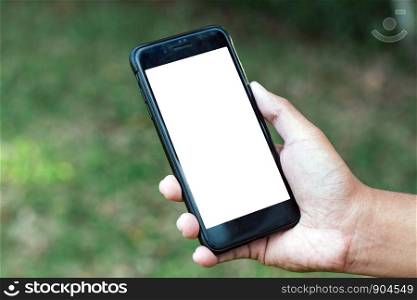 hand holding smart phone with blank screen isolated on white