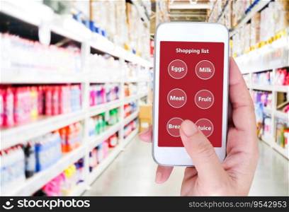 Hand holding smart phone with grocery shopping check list application on screen over blur product shelves in supermarket background, business and technology concept 