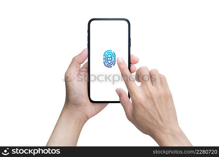 Hand holding smartphone and hand touching phone with blank screen isolated on white background. Finger touching smartphone to unlock screen.