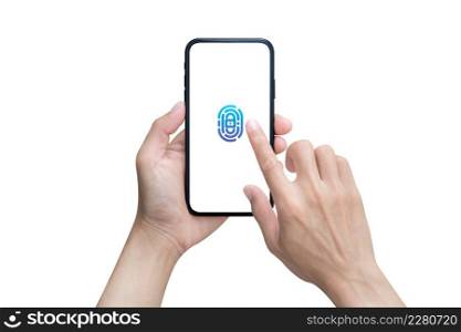 Hand holding smartphone and hand touching phone with blank screen isolated on white background. Finger touching smartphone to unlock screen.