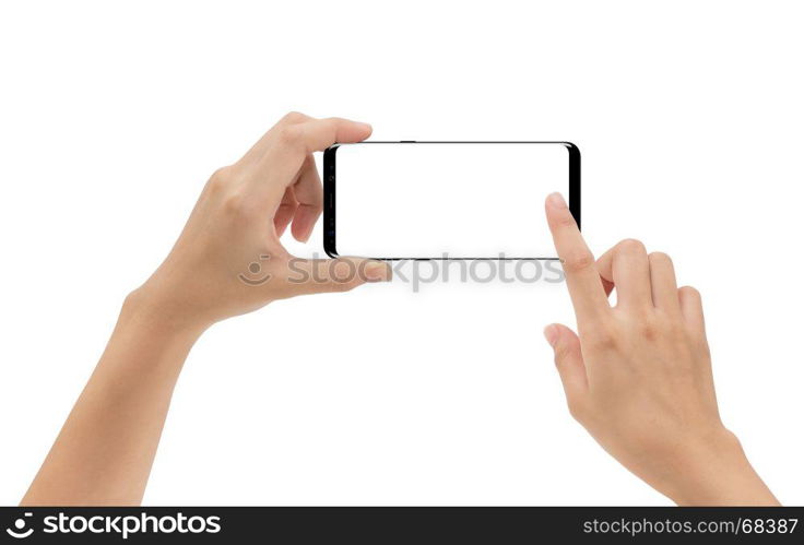 hand holding smartphone mobile and touching screen isolated on white background, cliping path inside