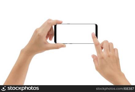 hand holding smartphone mobile and touching screen isolated on white background, cliping path inside