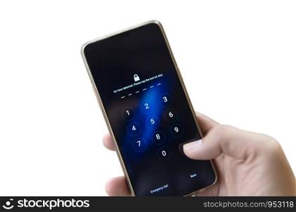 Hand holding smartphone while entering the passcode isolated on white background with clipping path