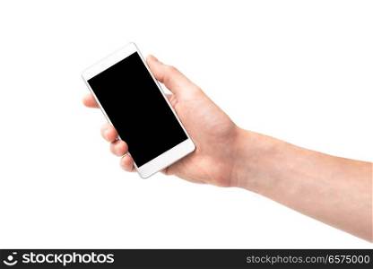 Hand holding smartphone with black screen isolated on white background