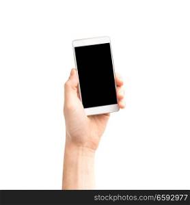 Hand holding smartphone with black screen isolated on white background