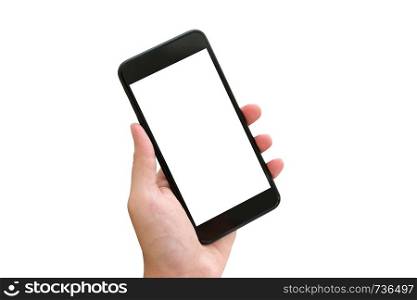 Hand holding smartphone with blank screen isolated on white background, people and technology mockup