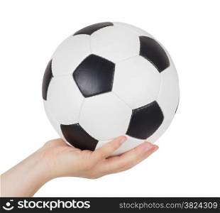 Hand holding soccer ball up isolated on white